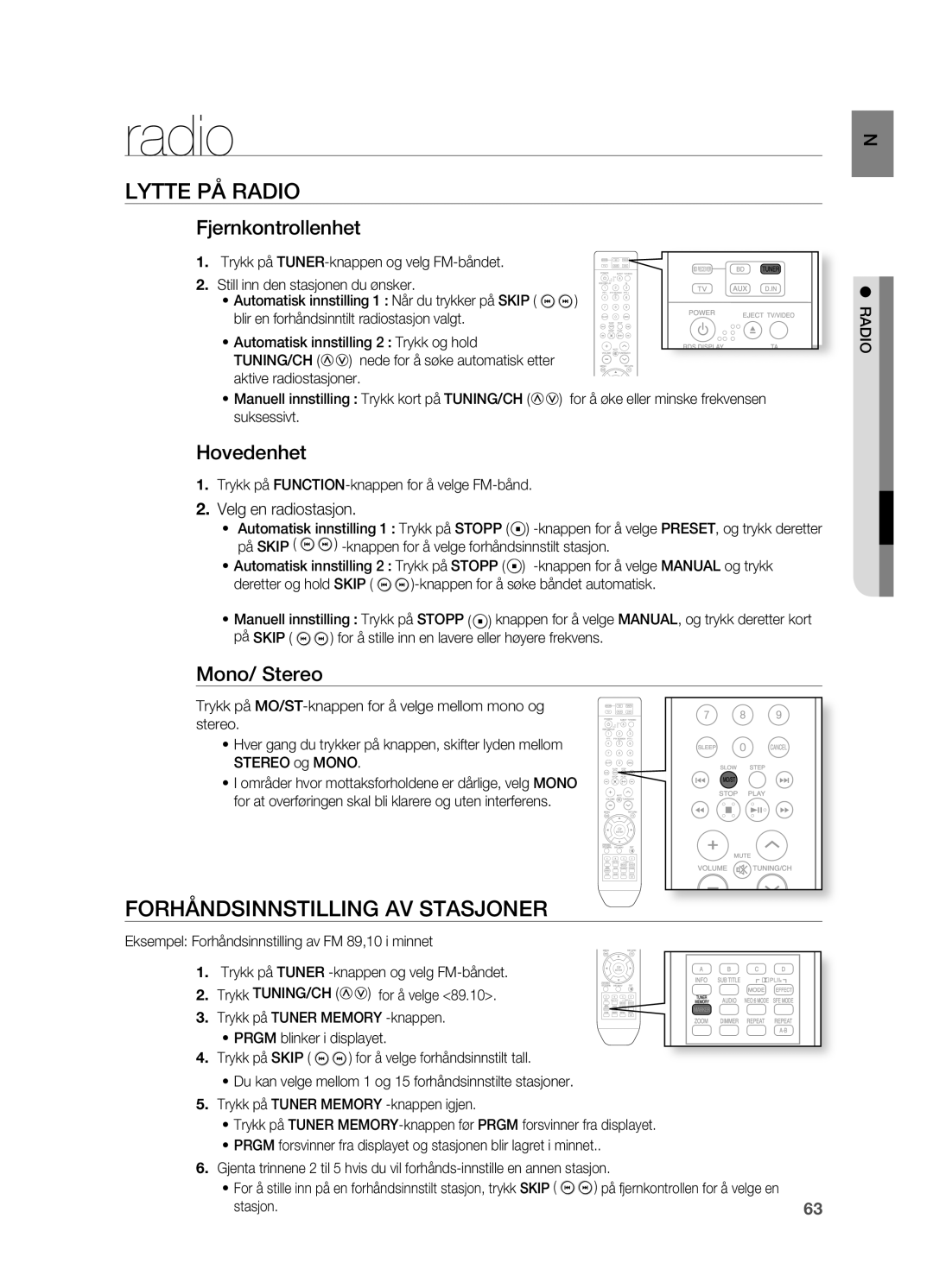 Samsung HT-BD2R/XEE manual Lytte PÅ Radio, FORHÅNDSINNSTILLINg AV Stasjoner 