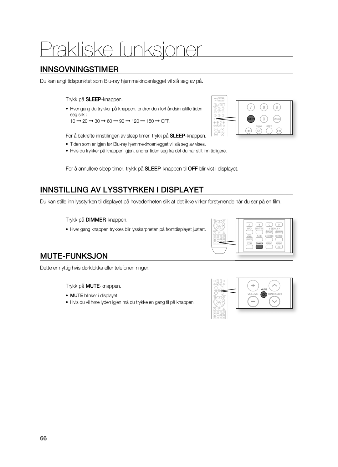 Samsung HT-BD2R/XEE manual Praktiske funksjoner, INNSOVNINgSTIMER, INNSTILLINg AV Lysstyrken I Displayet, Mute-Funksjon 