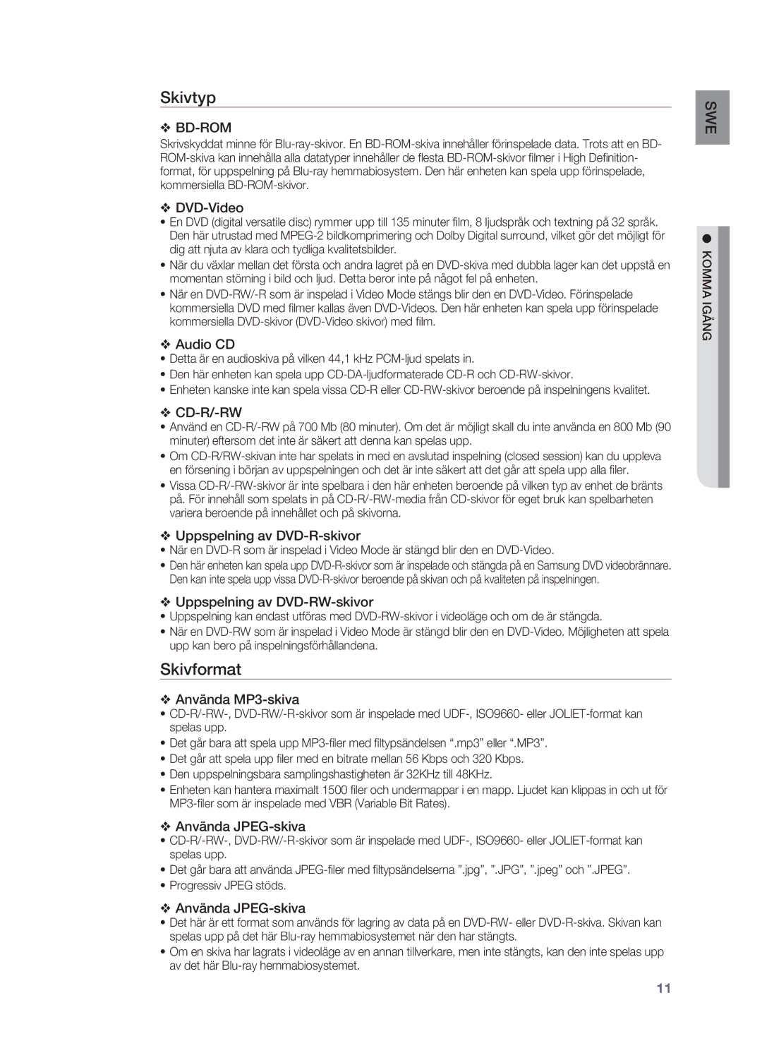 Samsung HT-BD2R/XEE manual Skivtyp, Skivformat 