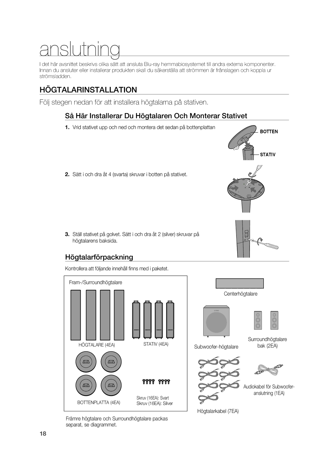 Samsung HT-BD2R/XEE manual Anslutning, Högtalarinstallation, Högtalarförpackning, Centerhögtalare, Subwoofer-högtalare 