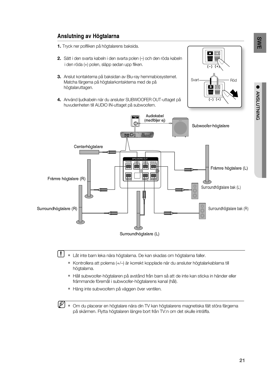 Samsung HT-BD2R/XEE manual Matcha färgerna på högtalarkontakterna med de på, Högtalaruttagen 