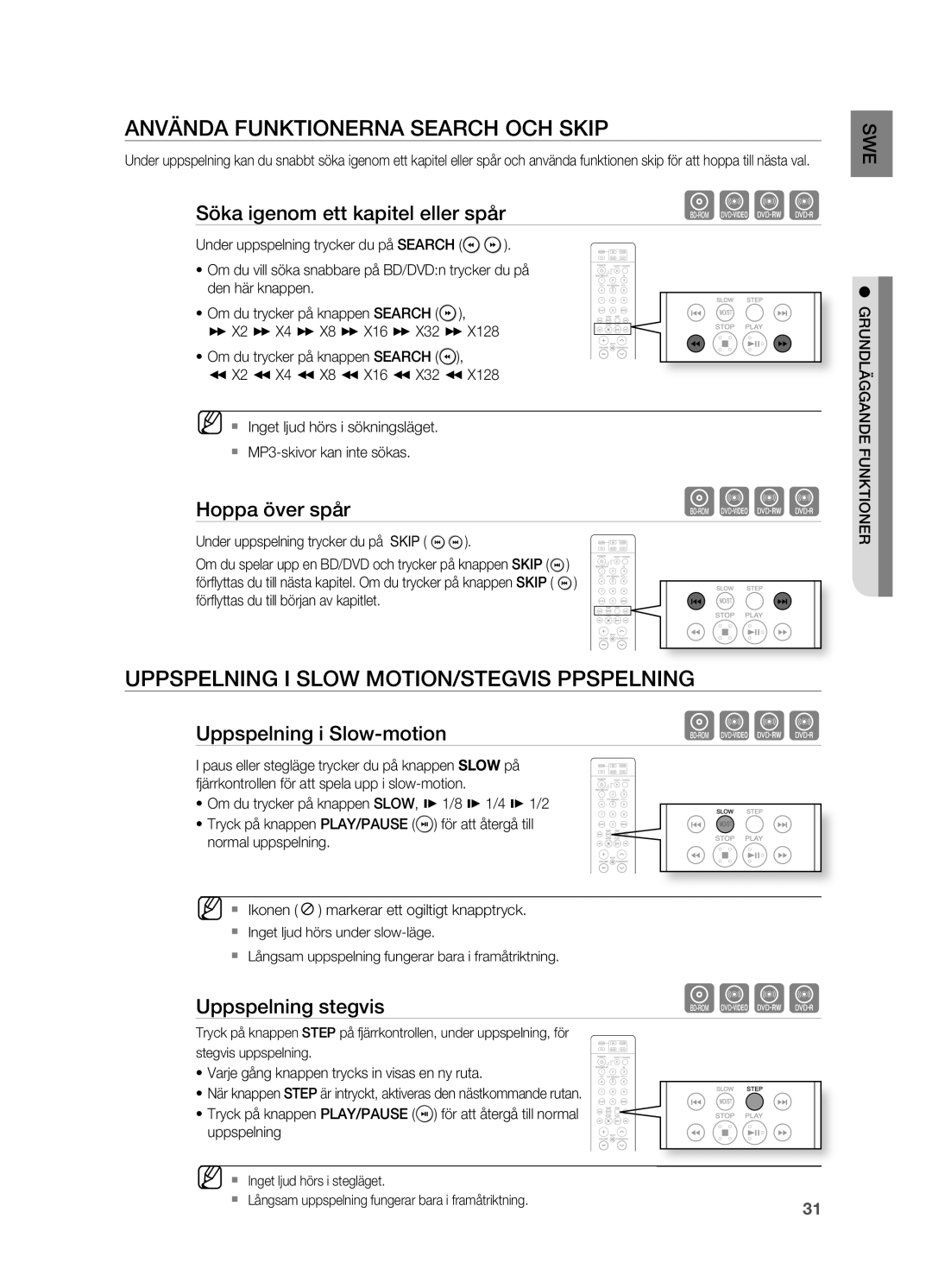 Samsung HT-BD2R/XEE manual ANVäNDA Funktionerna Search OCH Skip, UPPSPELNINg I Slow MOTION/STEgVIS PPSPELNINg 