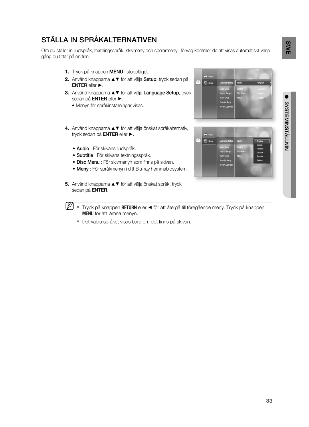 Samsung HT-BD2R/XEE manual STäLLA in SPRåKALTERNATIVEN, Audio För skivans ljudspråk, Subtitle För skivans textningsspråk 