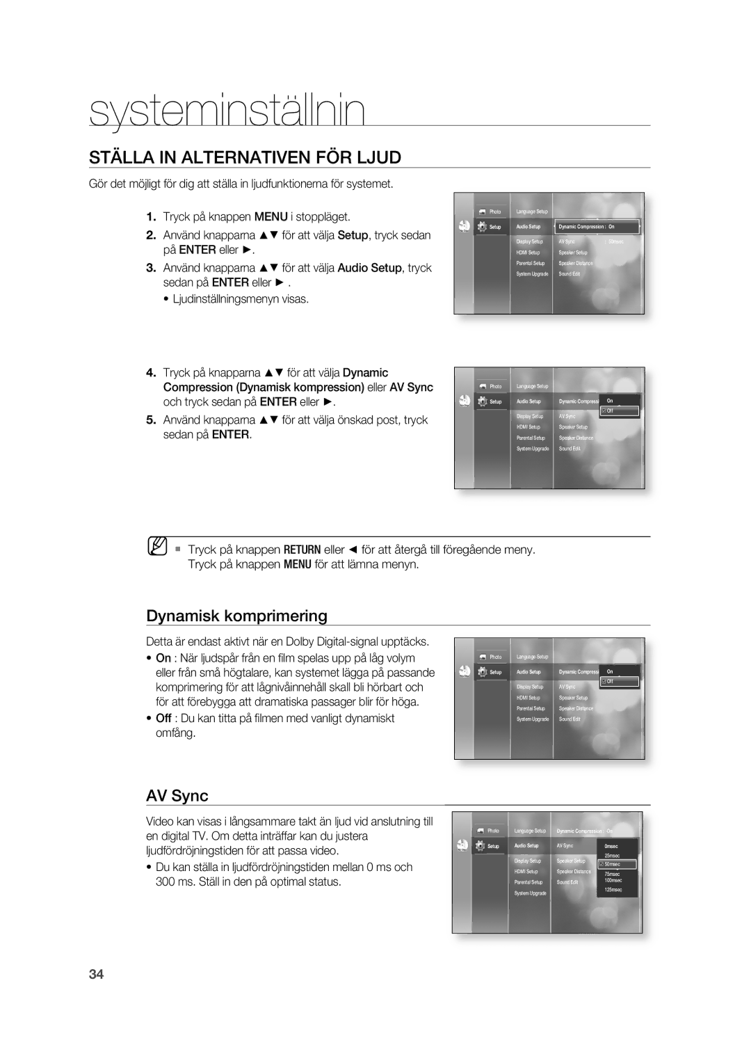 Samsung HT-BD2R/XEE manual STäLLA in Alternativen FÖR Ljud, Dynamisk komprimering, AV Sync 