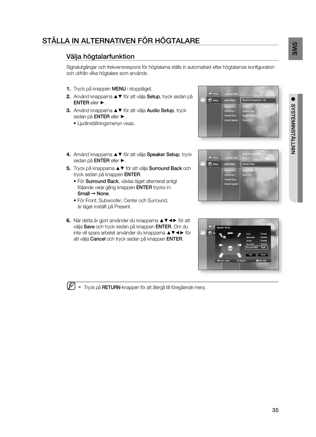 Samsung HT-BD2R/XEE manual STäLLA in Alternativen FÖR HÖgTALARE, Välja högtalarfunktion 