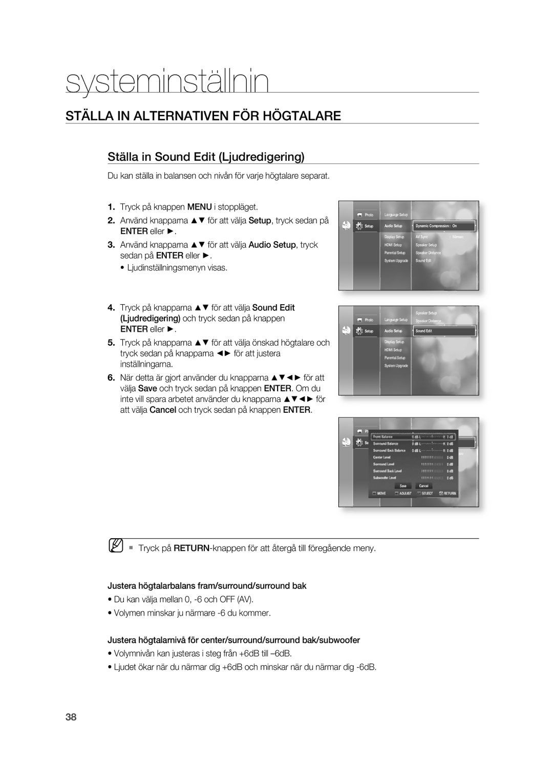 Samsung HT-BD2R/XEE manual Ställa in Sound Edit Ljudredigering 