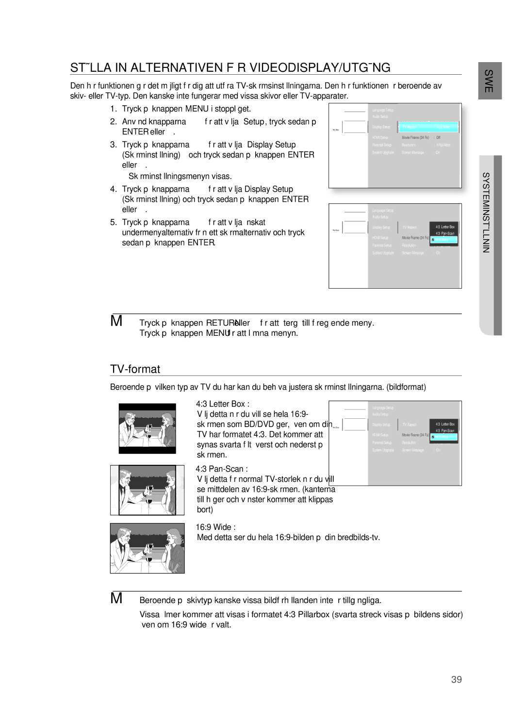 Samsung HT-BD2R/XEE manual STäLLA in Alternativen FÖR VIDEODISPLAY/UTgåNg, TV-format 