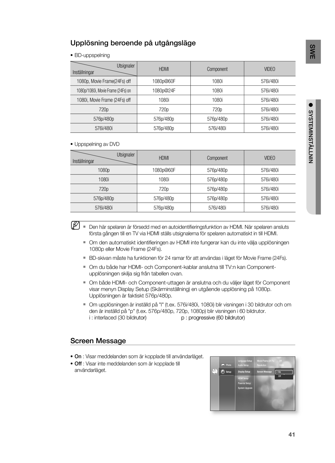 Samsung HT-BD2R/XEE manual Upplösning beroende på utgångsläge, Screen Message, Video, Användarläget 