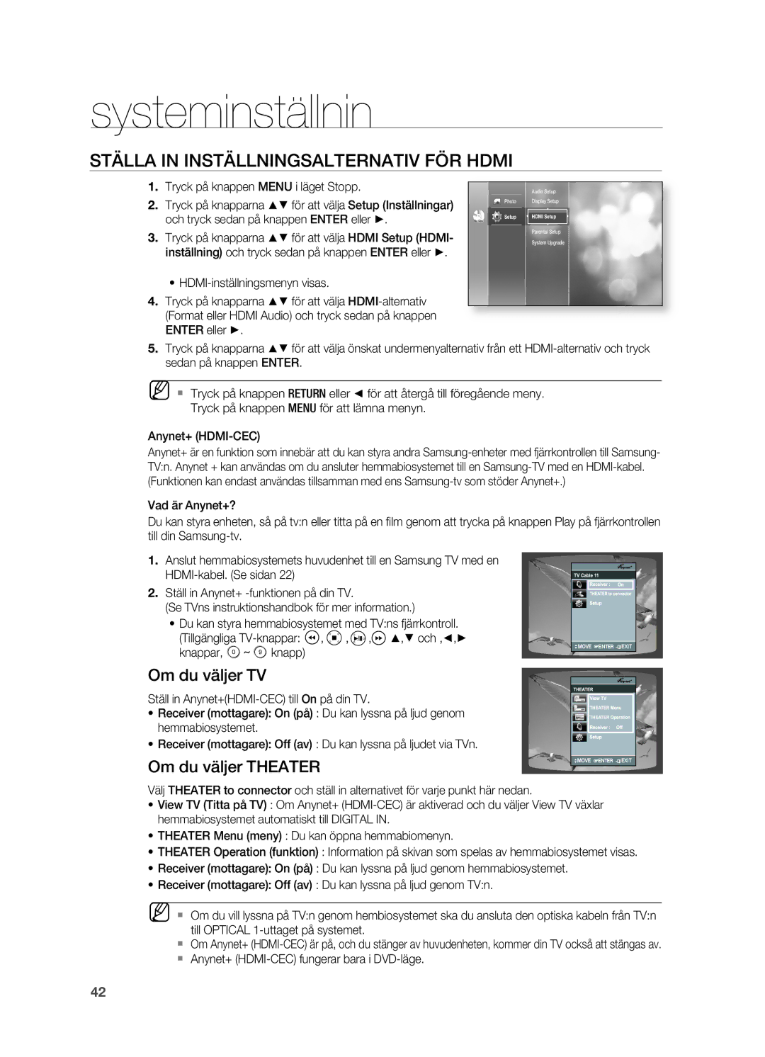 Samsung HT-BD2R/XEE manual STäLLA in INSTäLLNINgSALTERNATIV FÖR Hdmi, Om du väljer TV, Om du väljer Theater 