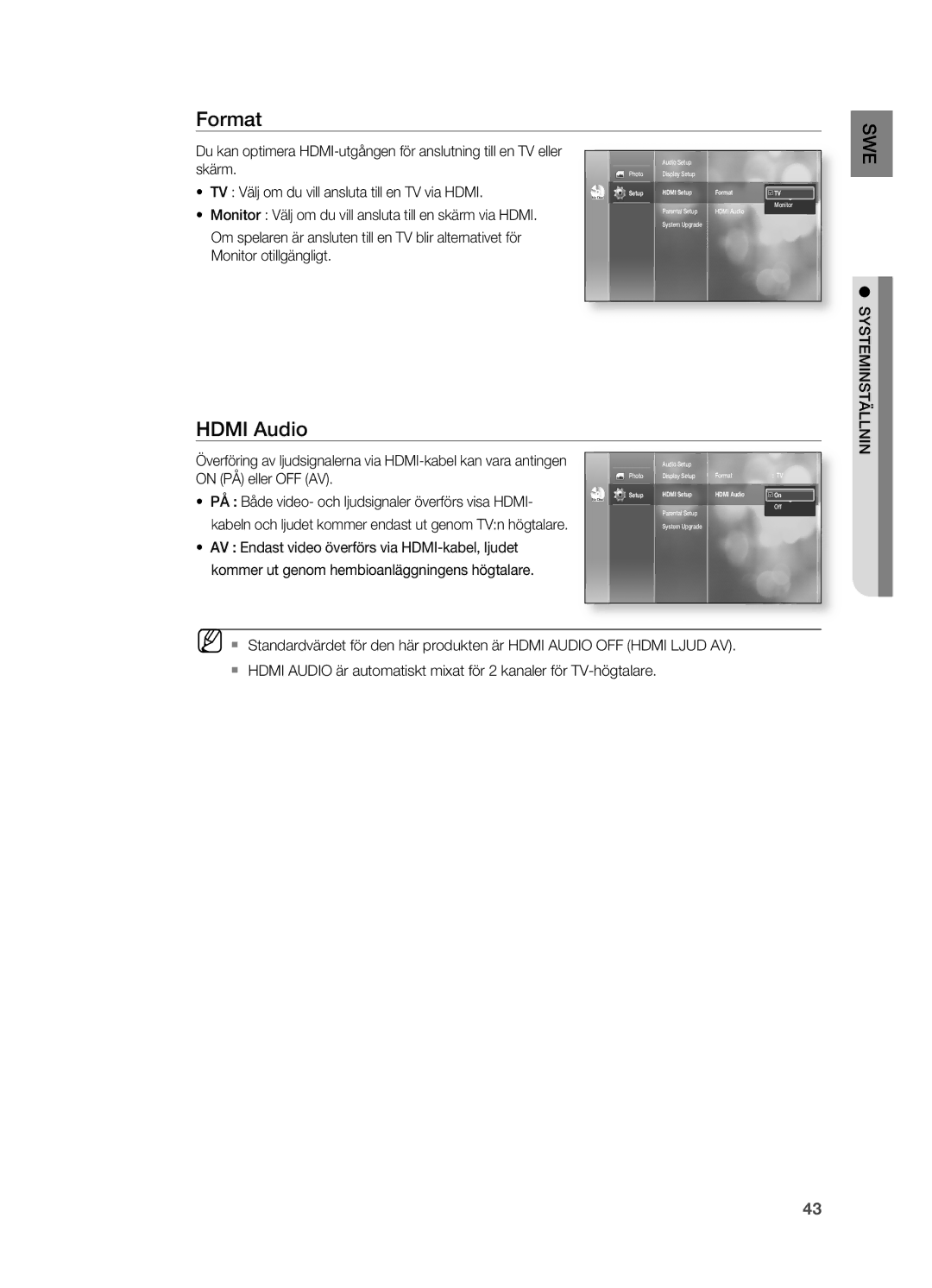 Samsung HT-BD2R/XEE manual Skärm, TV Välj om du vill ansluta till en TV via Hdmi, Monitor otillgängligt, On PÅ eller OFF AV 