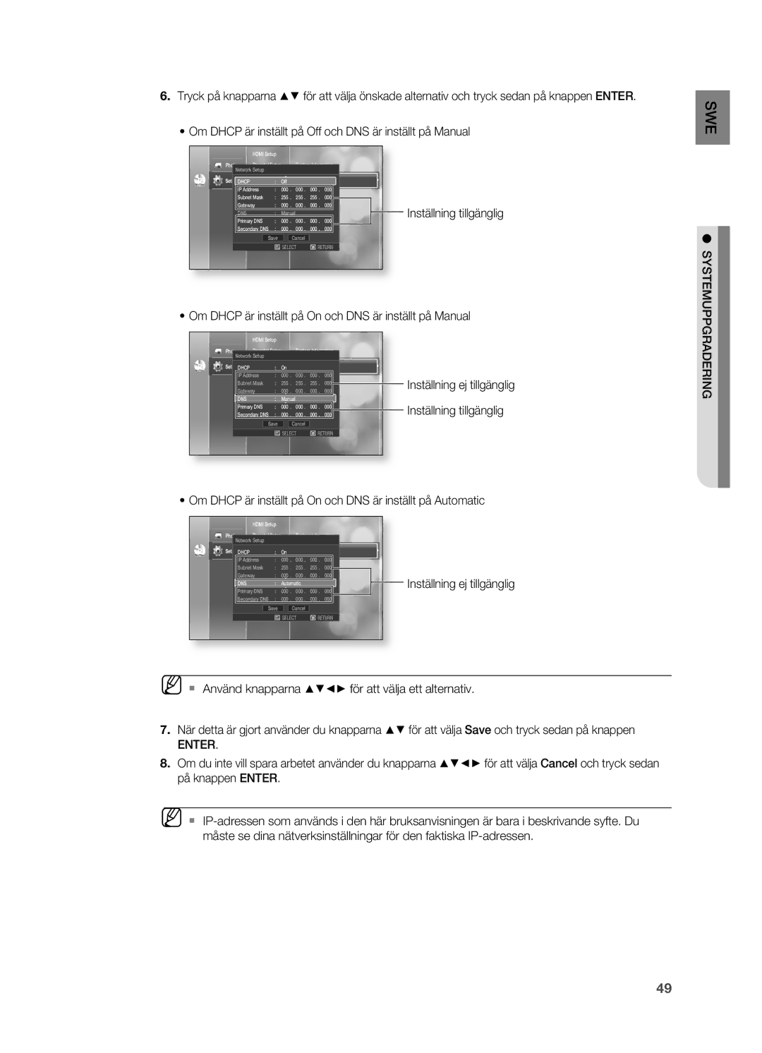 Samsung HT-BD2R/XEE manual Inställning ej tillgänglig Inställning tillgänglig, Enter 