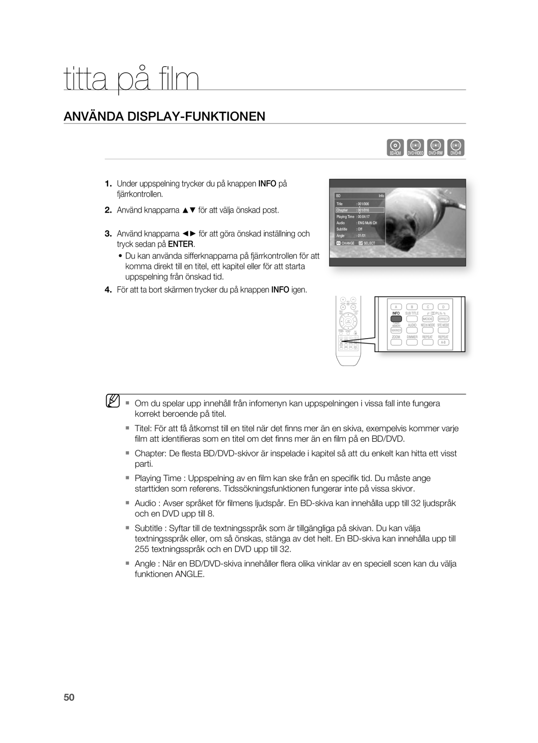 Samsung HT-BD2R/XEE manual Titta på ﬁ lm, ANVäNDA DISPLAY-FUNKTIONEN 