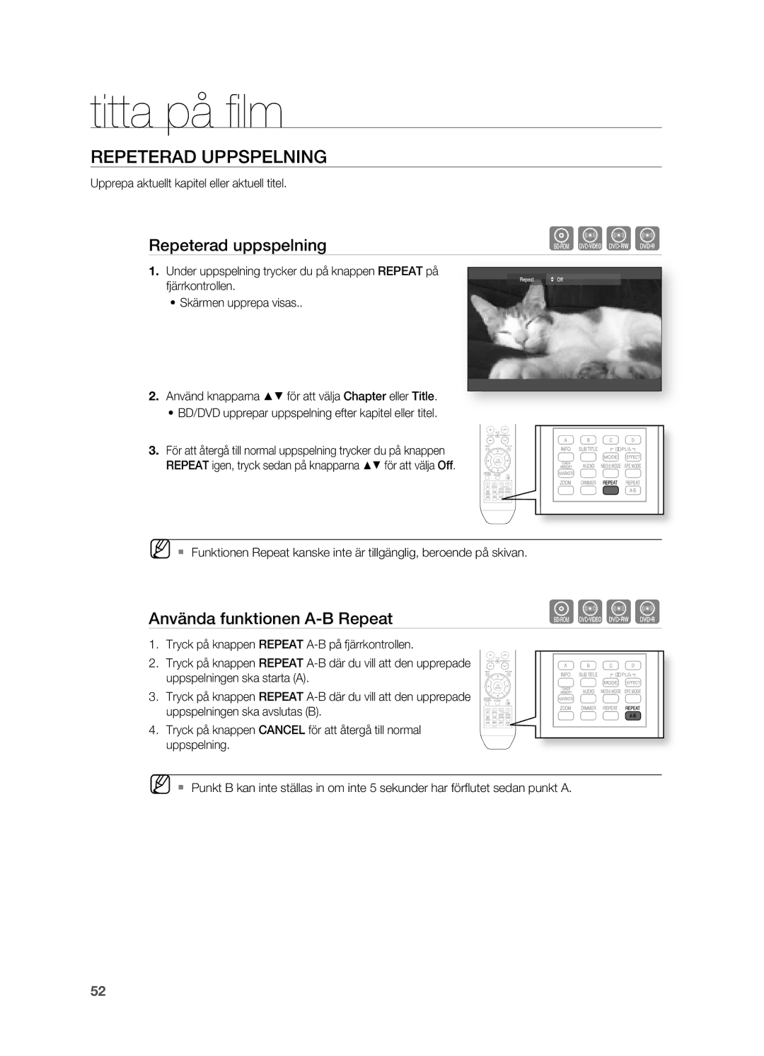 Samsung HT-BD2R/XEE manual Repeterad UPPSPELNINg, Repeterad uppspelning, Använda funktionen A-B Repeat 