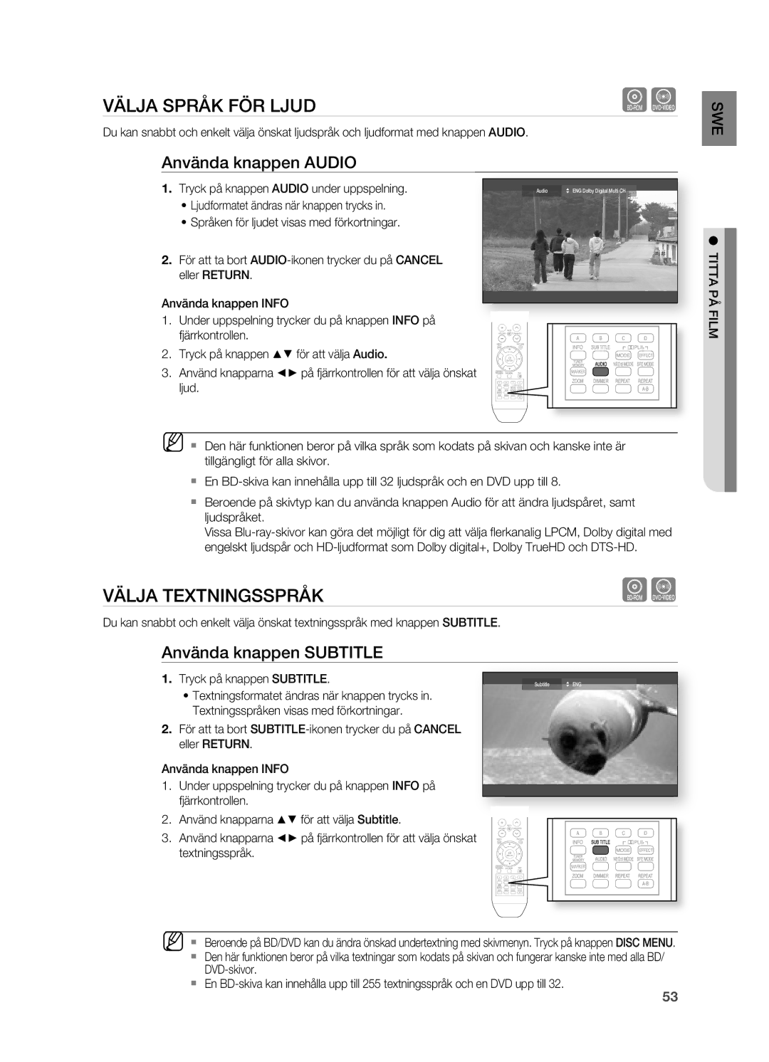 Samsung HT-BD2R/XEE manual VäLJA SPRåK FÖR Ljud, VäLJA TEXTNINgSSPRåK, Använda knappen Audio, Använda knappen Subtitle 