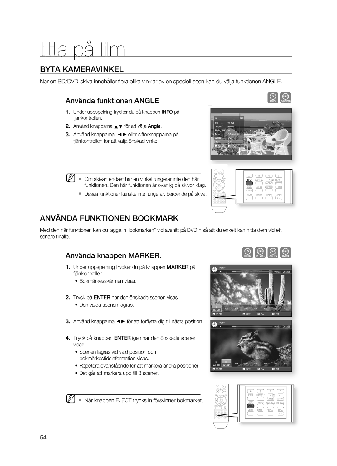 Samsung HT-BD2R/XEE manual Byta Kameravinkel, ANVäNDA Funktionen Bookmark, Använda funktionen ANgLE, Använda knappen Marker 