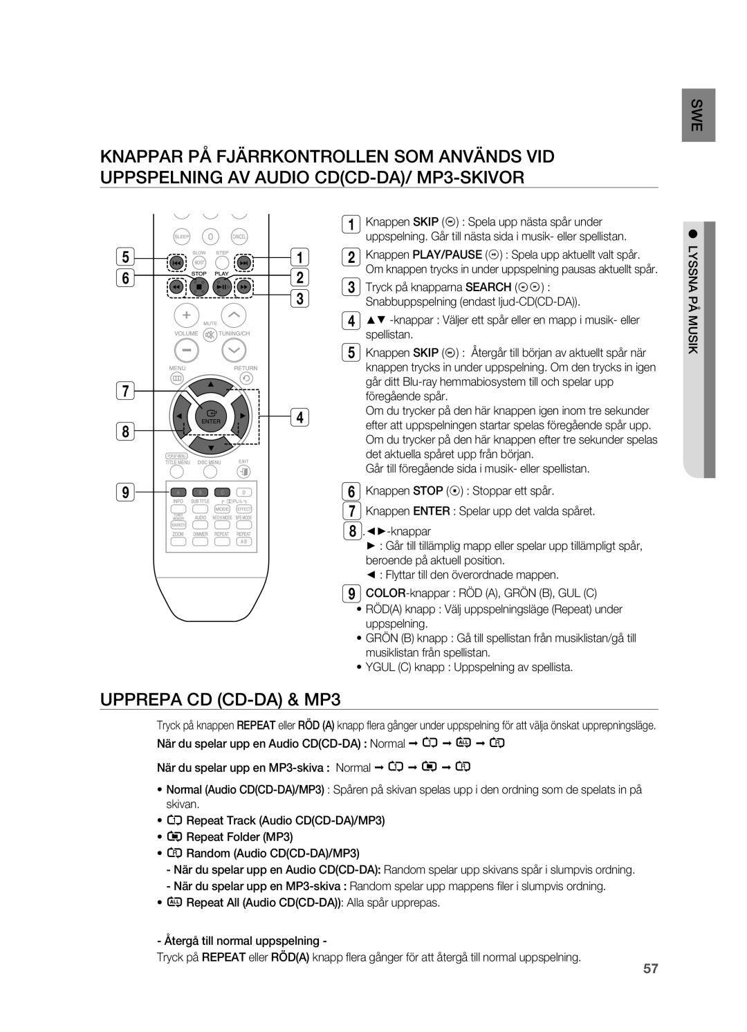 Samsung HT-BD2R/XEE manual Upprepa CD CD-DA & MP3 