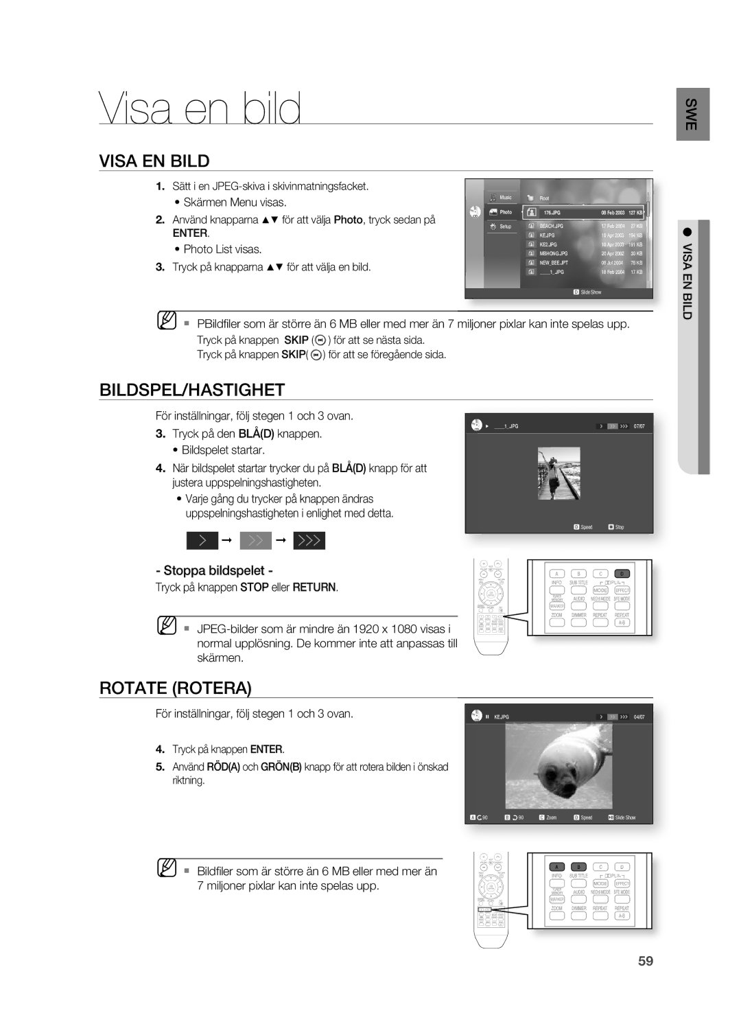 Samsung HT-BD2R/XEE manual Visa en bild, Visa EN Bild, BILDSPEL/HASTIgHET, Rotate Rotera, Stoppa bildspelet 