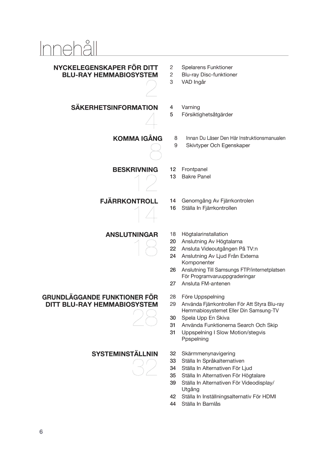 Samsung HT-BD2R/XEE manual Innehåll 