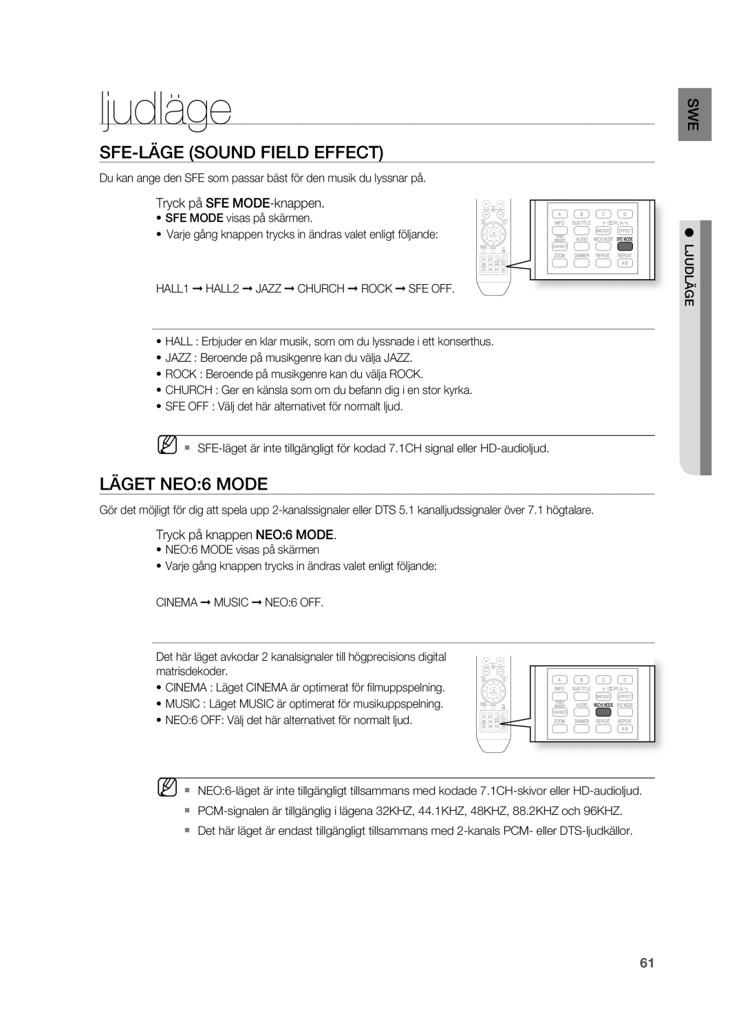 Samsung HT-BD2R/XEE manual Ljudläge, SFE-LägE Sound Field Effect, LägET NEO6 Mode, Tryck på SFE MODE-knappen 