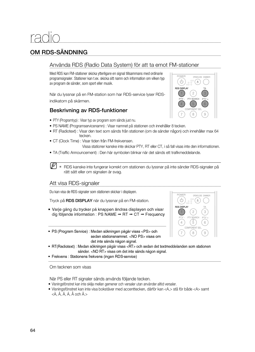 Samsung HT-BD2R/XEE Om RDS-sändning, Använda RDS Radio Data System för att ta emot FM-stationer, Att visa RDS-signaler 