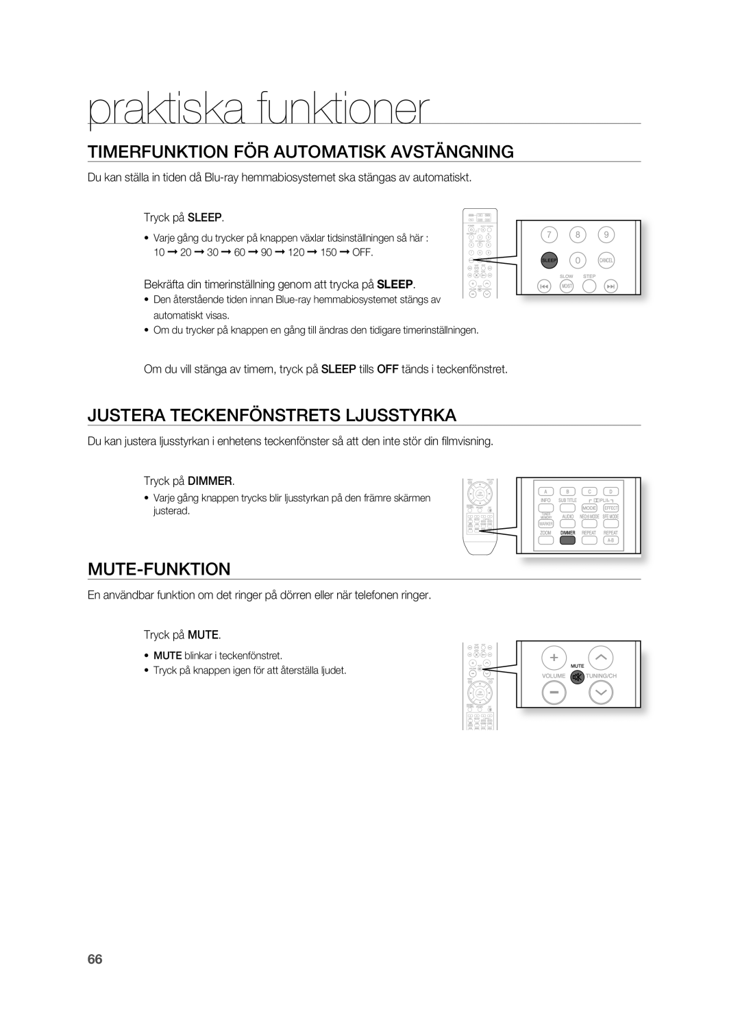 Samsung HT-BD2R/XEE Praktiska funktioner, Timerfunktion FÖR Automatisk AVSTäNgNINg, Justera Teckenfönstrets Ljusstyrka 