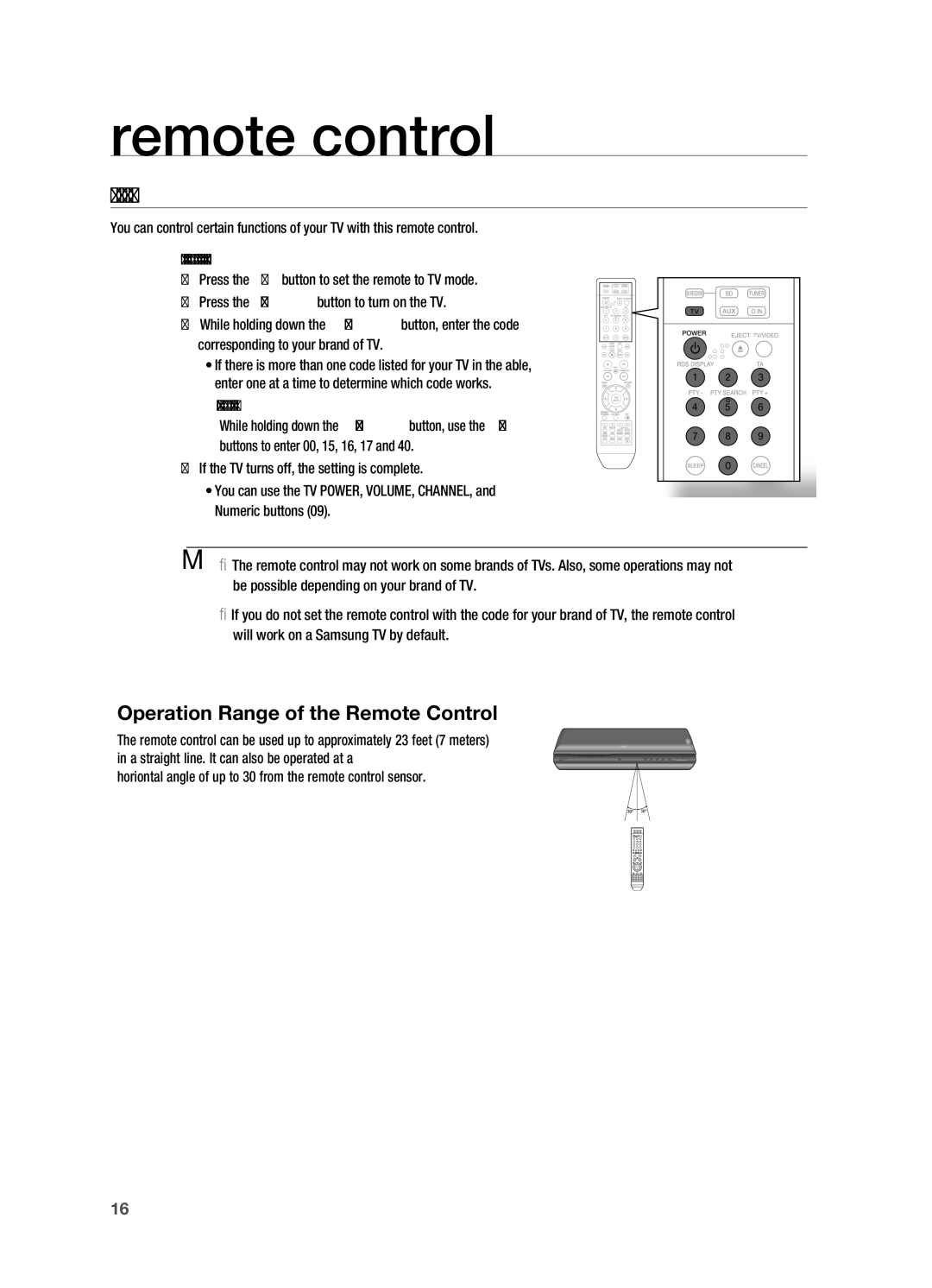 Samsung HT-BD2R/XET, HT-BD2R/XEF, HT-BD2R/XEO, HT-BD2R/XEE SETTInG the Remote COnTROL, Operation Range of the Remote Control 