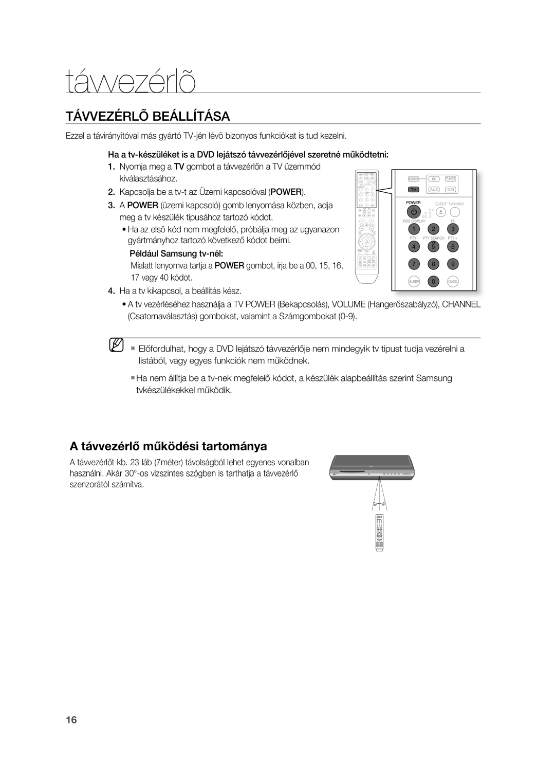 Samsung HT-BD2R/XET, HT-BD2R/XEF, HT-BD2R/XEO, HT-BD2R/XEE manual TÁVVEZÉRLõ BEÁLLíTÁSA, Távvezérlő működési tartománya 