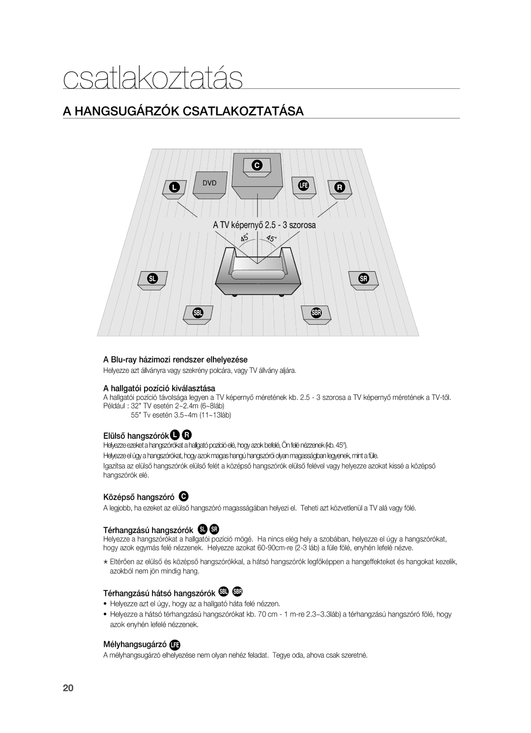 Samsung HT-BD2R/XET, HT-BD2R/XEF, HT-BD2R/XEO, HT-BD2R/XEE manual Hangsugárzók csatlakoztatása, TV képernyő 2.5 3 szorosa 