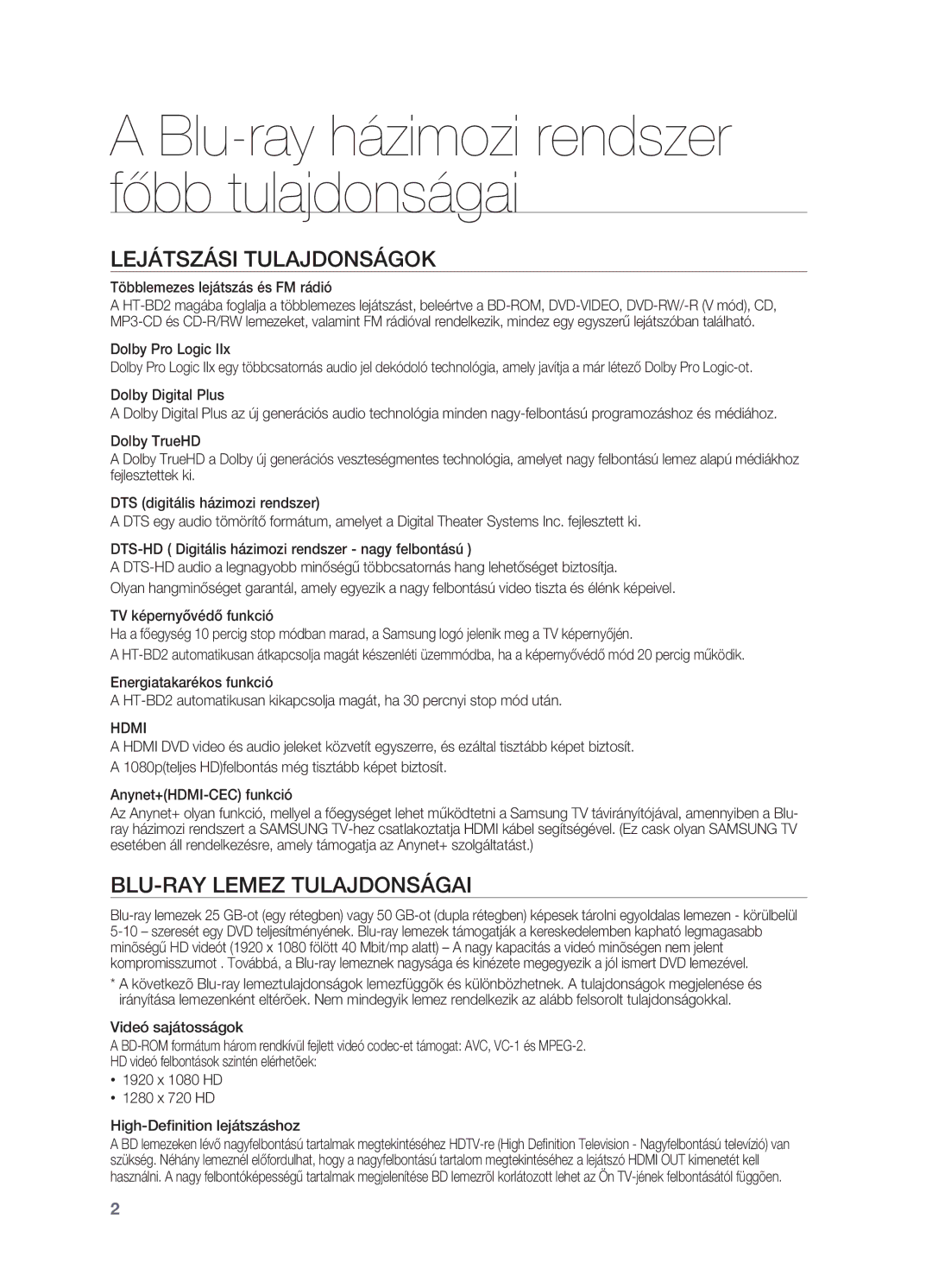 Samsung HT-BD2R/XEE manual Lejátszási Tulajdonságok, BLU-RAY Lemez Tulajdonságai, Többlemezes lejátszás és FM rádió, Hdmi 