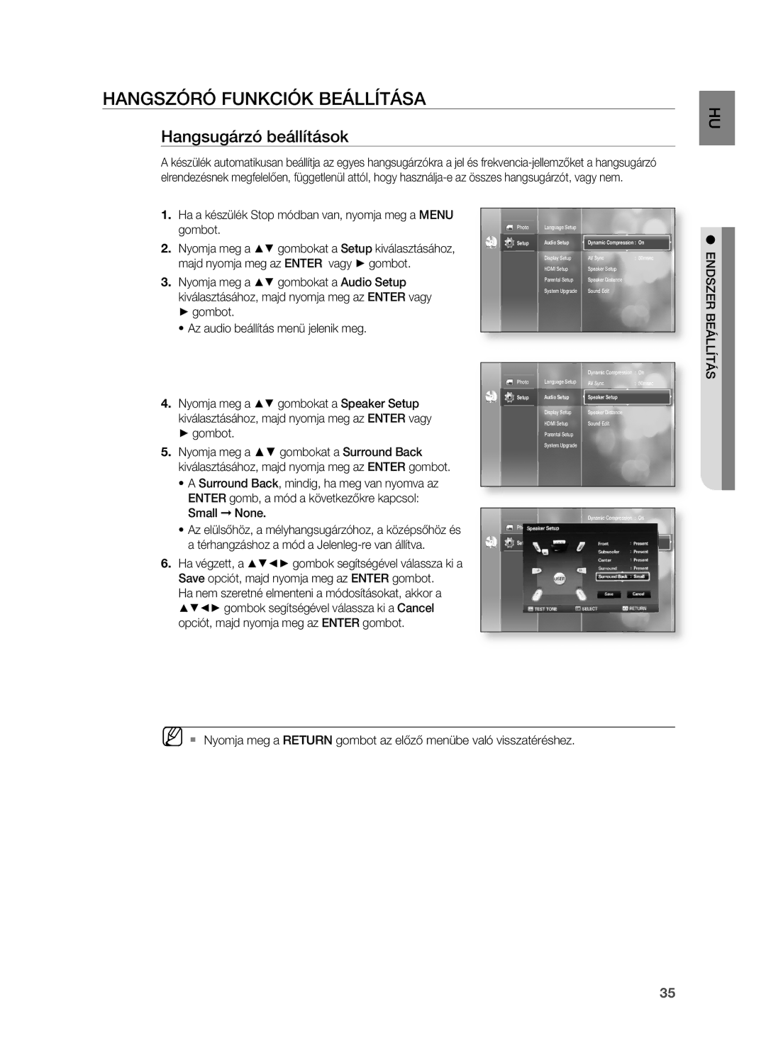 Samsung HT-BD2R/XEF, HT-BD2R/XET HANGSZóRó FUNKCIóK BEÁLLíTÁSA, Hangsugárzó beállítások, Small None, Photo, Speaker Setup 