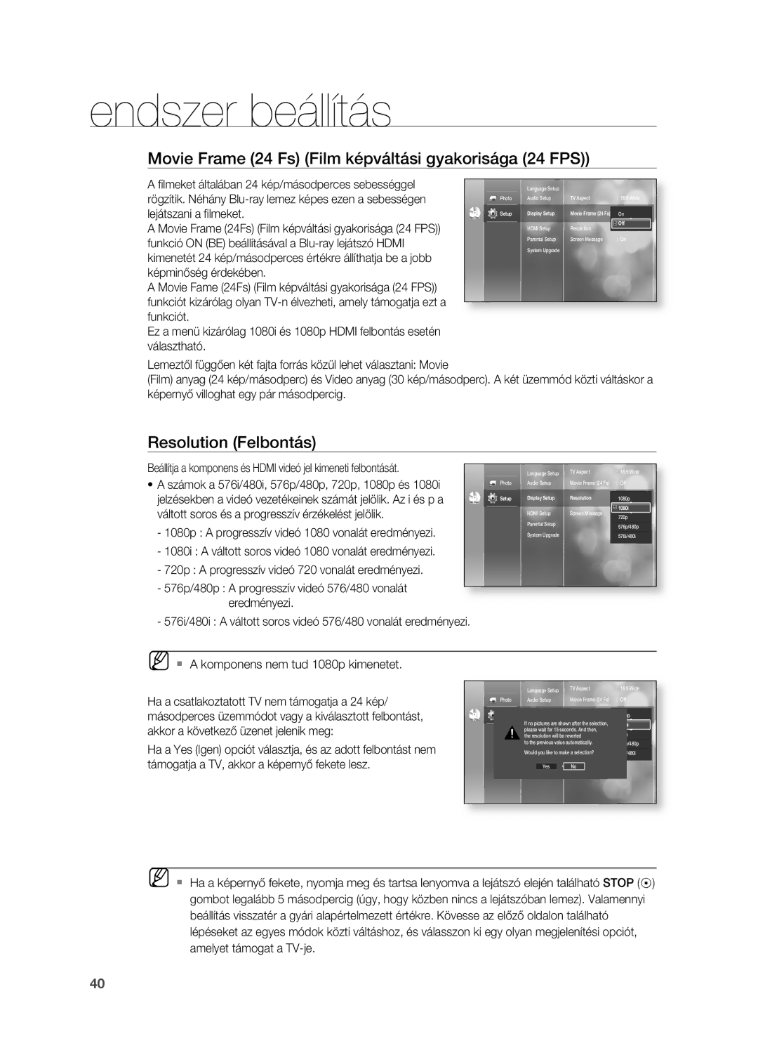 Samsung HT-BD2R/XET, HT-BD2R/XEF, HT-BD2R/XEO Movie Frame 24 Fs Film képváltási gyakorisága 24 FPS, Resolution Felbontás 