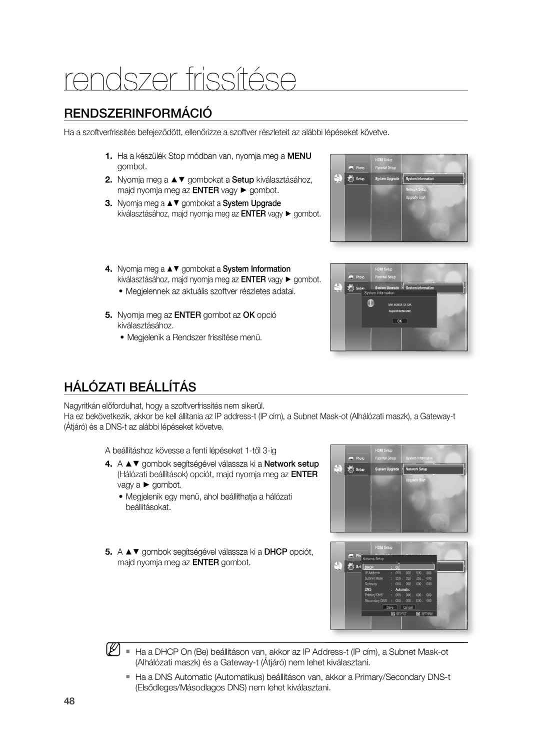 Samsung HT-BD2R/XET, HT-BD2R/XEF RENDSZERINFORMÁCIó, HÁLóZATI BEÁLLíTÁS, System Upgrade, System Information, Network Setup 