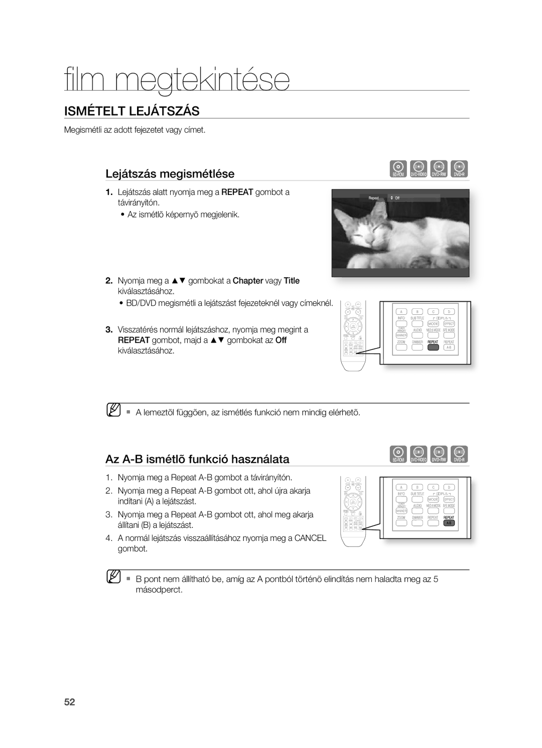 Samsung HT-BD2R/XET manual Ismételt Lejátszás, Az A-B ismétlõ funkció használata, Megismétli az adott fejezetet vagy címet 