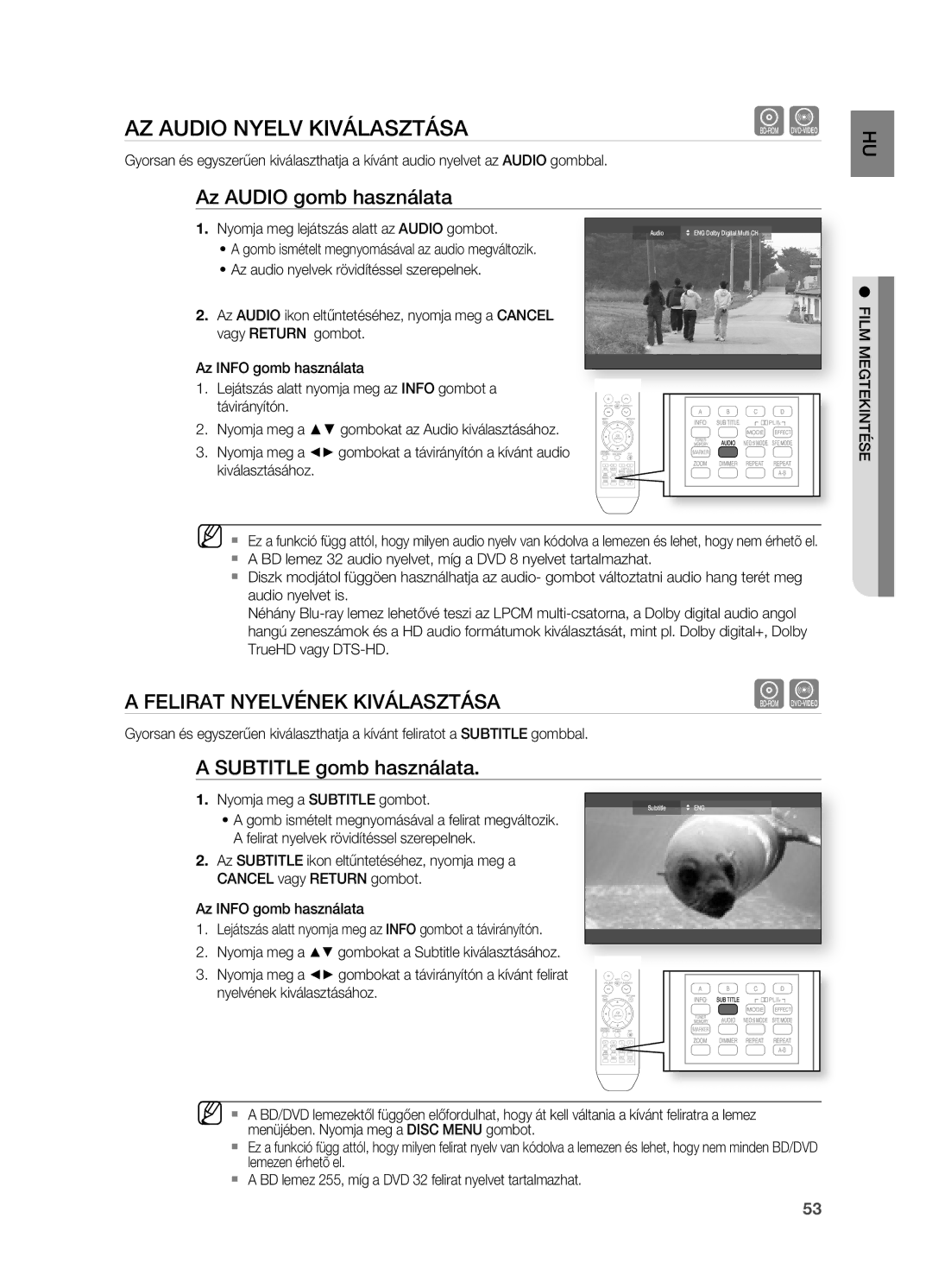 Samsung HT-BD2R/XEO AZ Audio Nyelv Kiválasztása, Az Audio gomb használata, Subtitle gomb használata, Film Megtekintése 