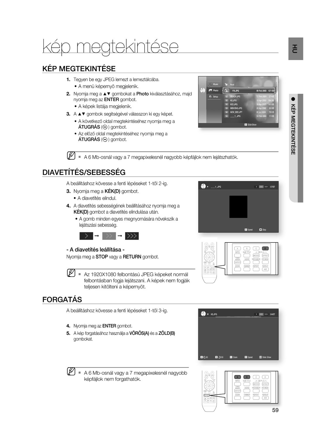 Samsung HT-BD2R/XEF, HT-BD2R/XET Kép megtekintése, KÉP Megtekintése, DIAVETíTÉS/SEBESSÉG, Forgatás, Diavetítés leállítása 