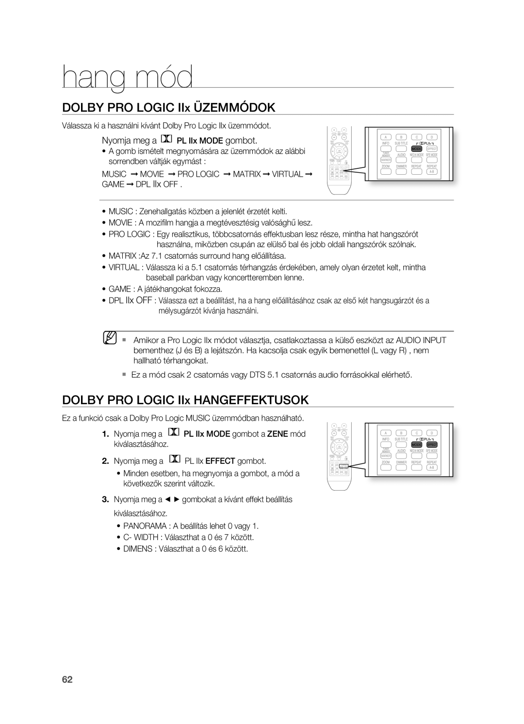 Samsung HT-BD2R/XEE Dolby PRO Logic IIx Üzemmódok, Dolby PRO Logic IIx Hangeffektusok, Nyomja meg a PL IIx Mode gombot 