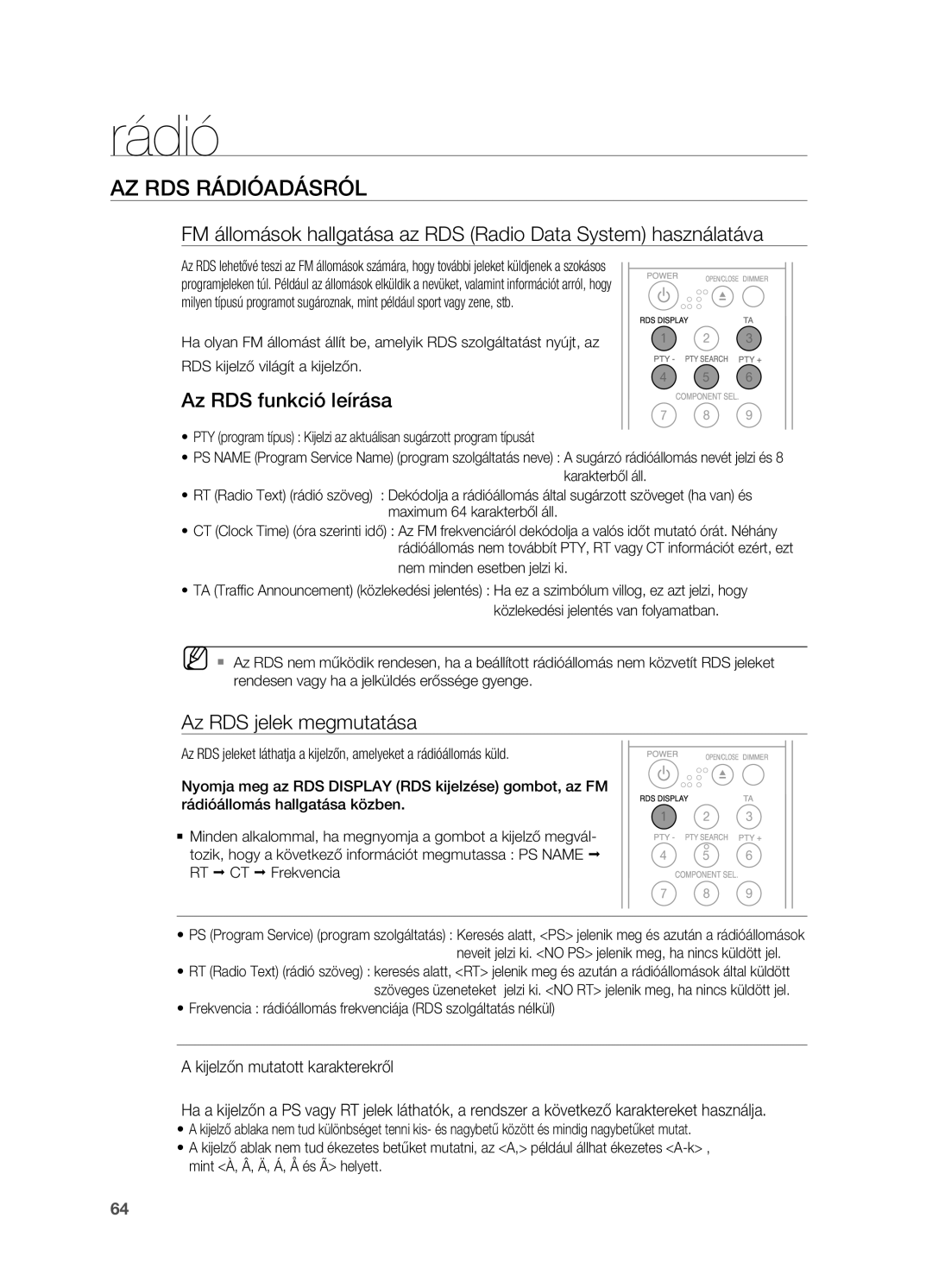 Samsung HT-BD2R/XET, HT-BD2R/XEF, HT-BD2R/XEO manual Az RDS rádióadásról, Az RDS funkció leírása, Az RDS jelek megmutatása 