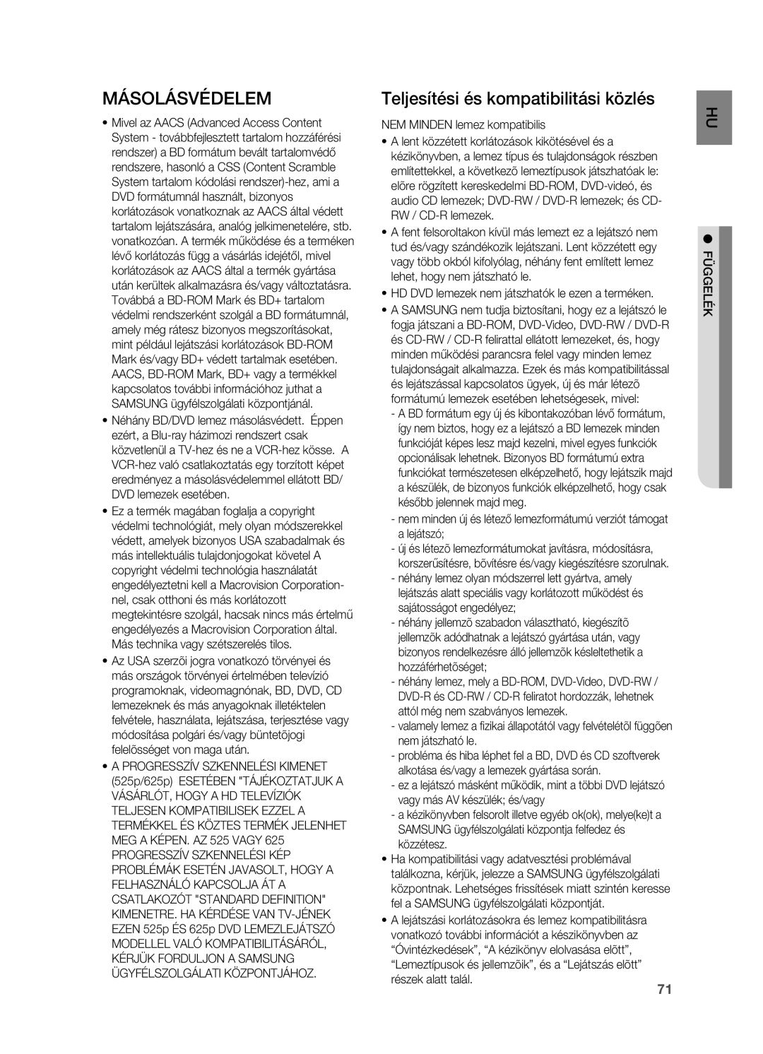 Samsung HT-BD2R/XEF, HT-BD2R/XET, HT-BD2R/XEO, HT-BD2R/XEE manual Másolásvédelem, Teljesítési és kompatibilitási közlés 