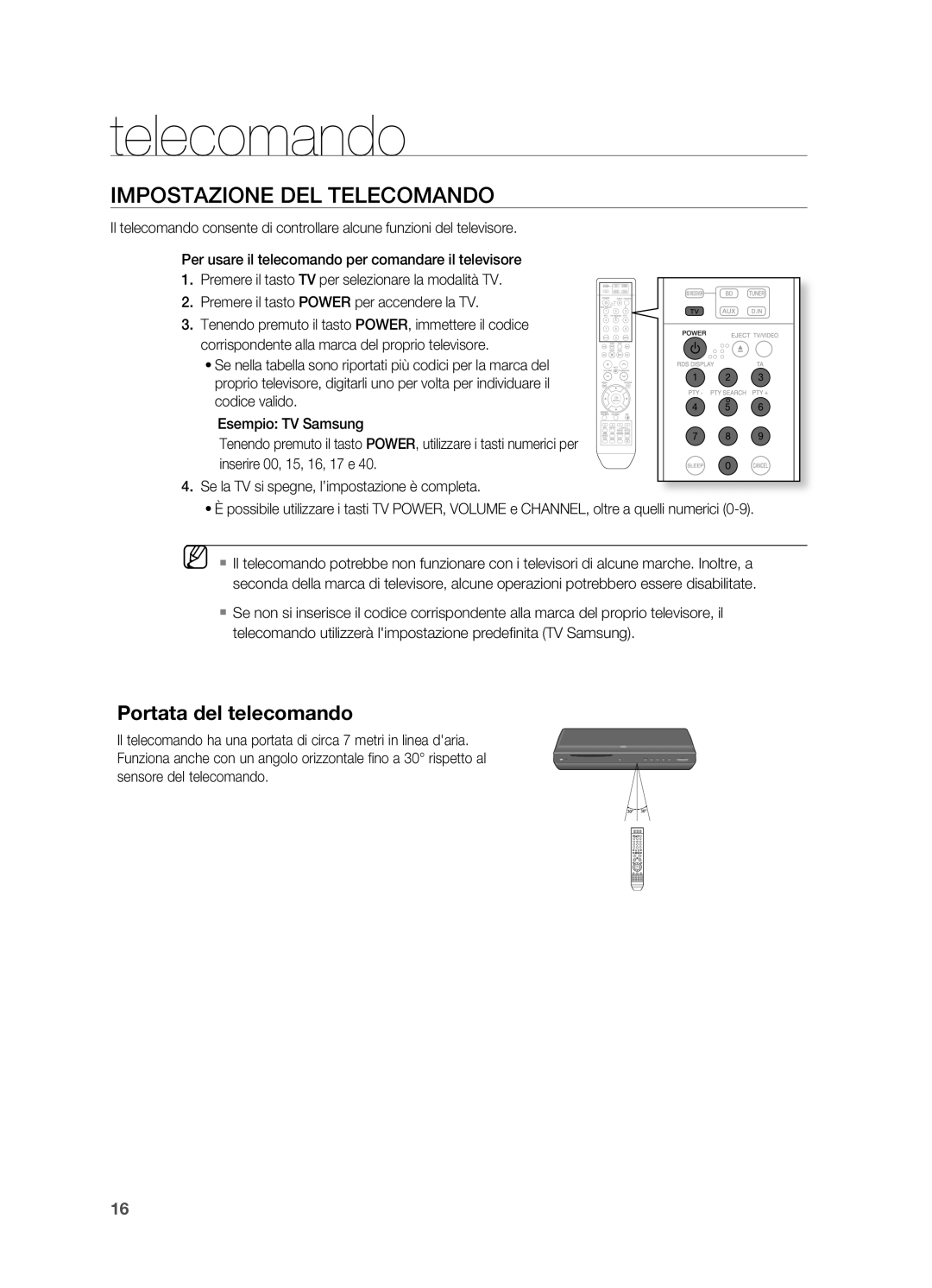 Samsung HT-BD2R/XET, HT-BD2R/XEF manual IMPOSTAzIONE DEL Telecomando, Portata del telecomando 