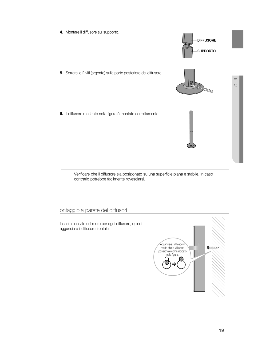 Samsung HT-BD2R/XEF, HT-BD2R/XET manual Montaggio a parete dei diffusori, Montare il diffusore sul supporto, Collegamento 