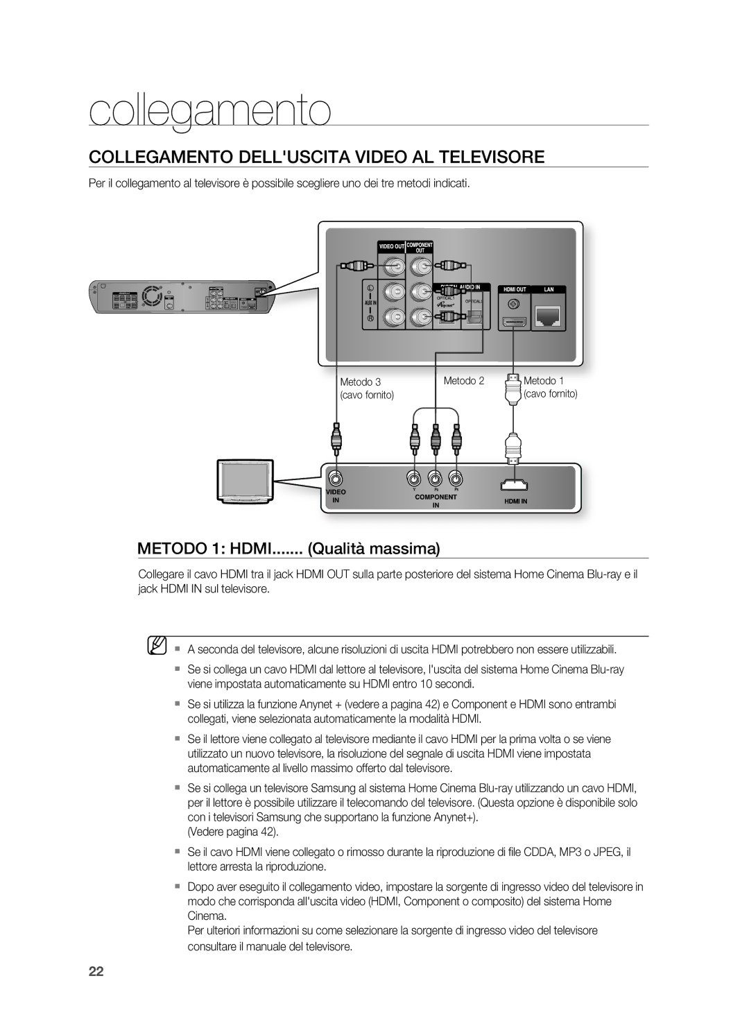 Samsung HT-BD2R/XET, HT-BD2R/XEF manual Collegamento Delluscita Video AL Televisore, Qualità massima 