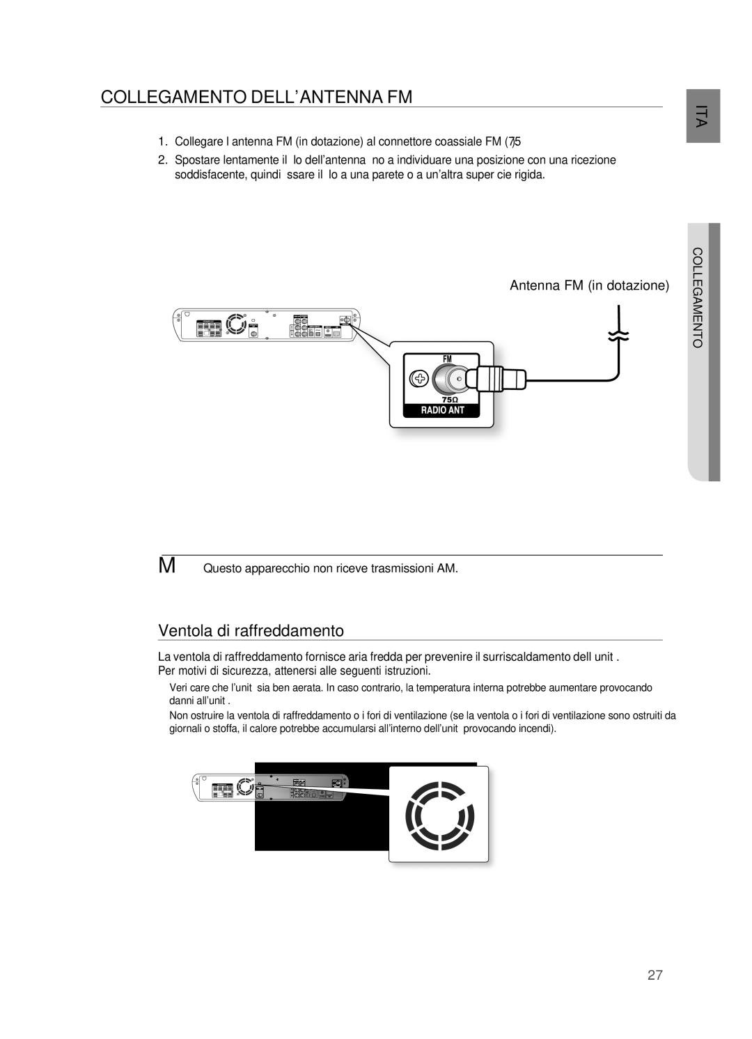 Samsung HT-BD2R/XEF, HT-BD2R/XET manual Collegamento dellantenna FM, Ventola di raffreddamento, Antenna FM in dotazione 