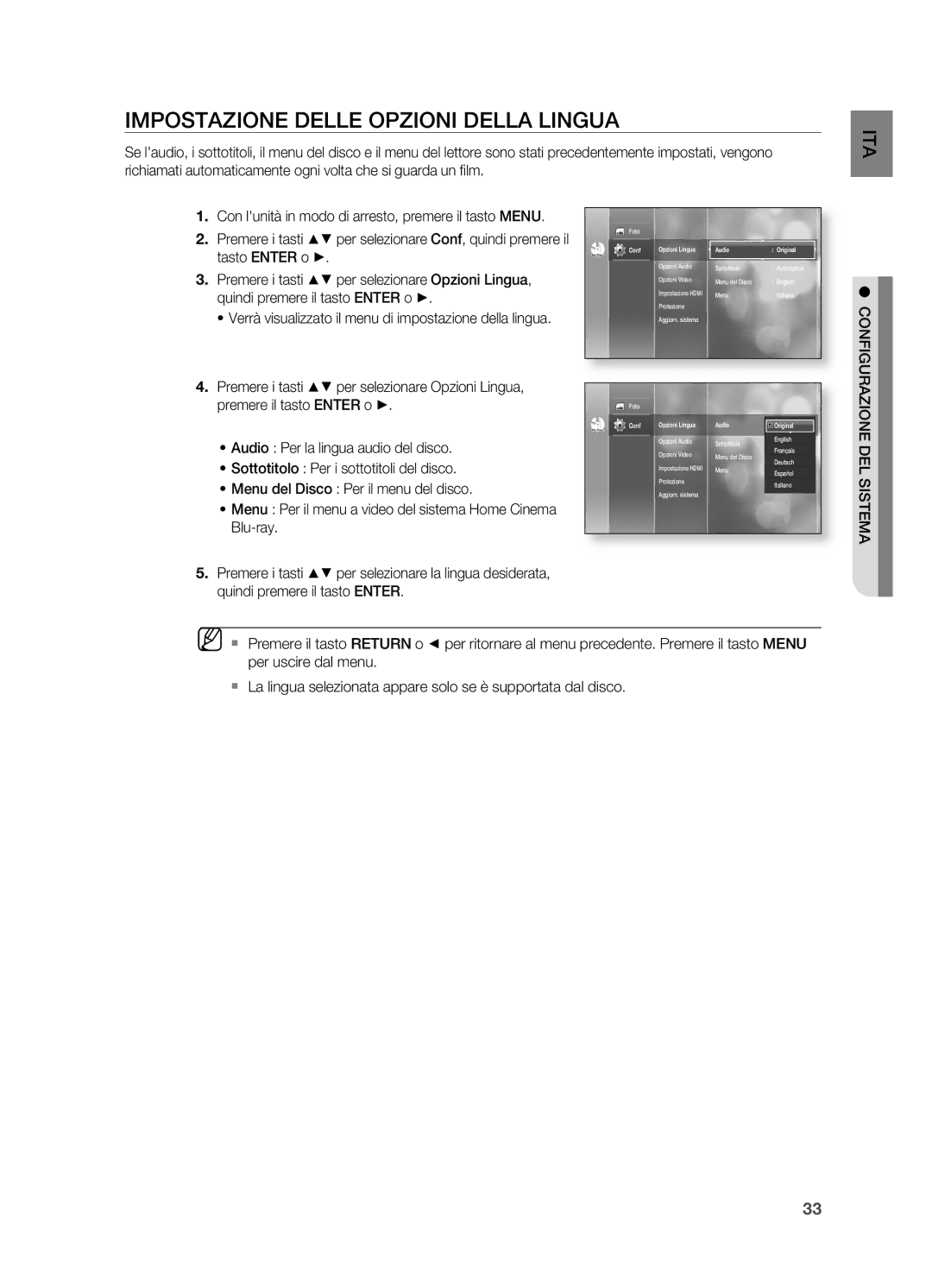 Samsung HT-BD2R/XEF, HT-BD2R/XET manual IMPOSTAzIONE Delle OPzIONI Della Lingua 