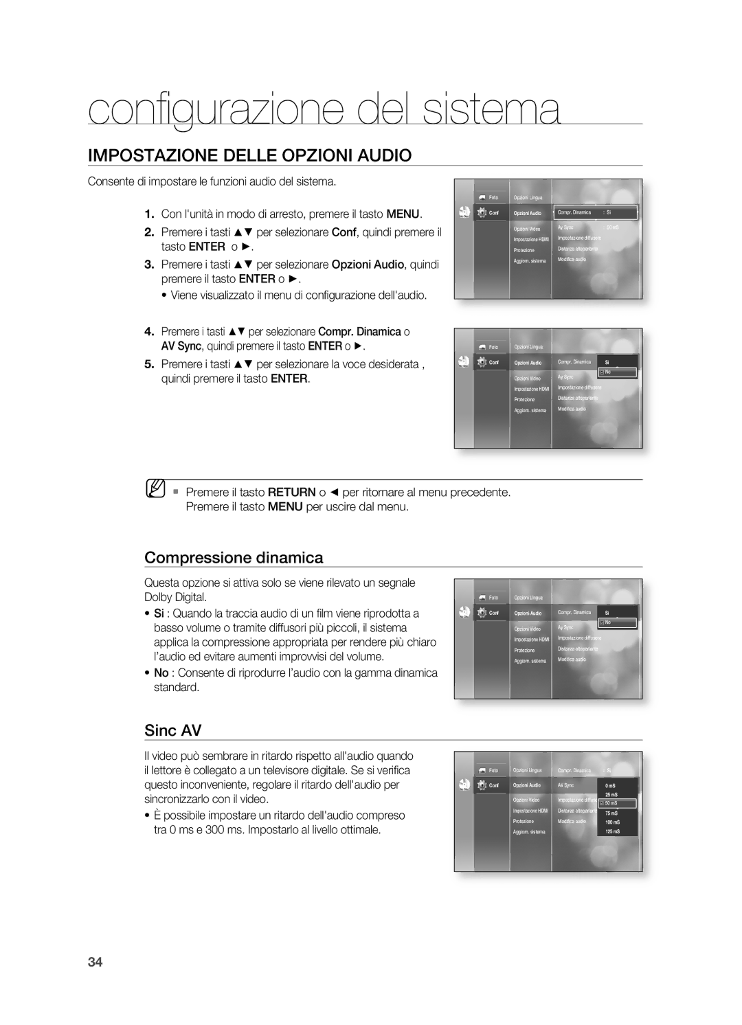 Samsung HT-BD2R/XET manual Confi gurazione del sistema, IMPOSTAzIONE Delle OPzIONI Audio, Compressione dinamica, Sinc AV 