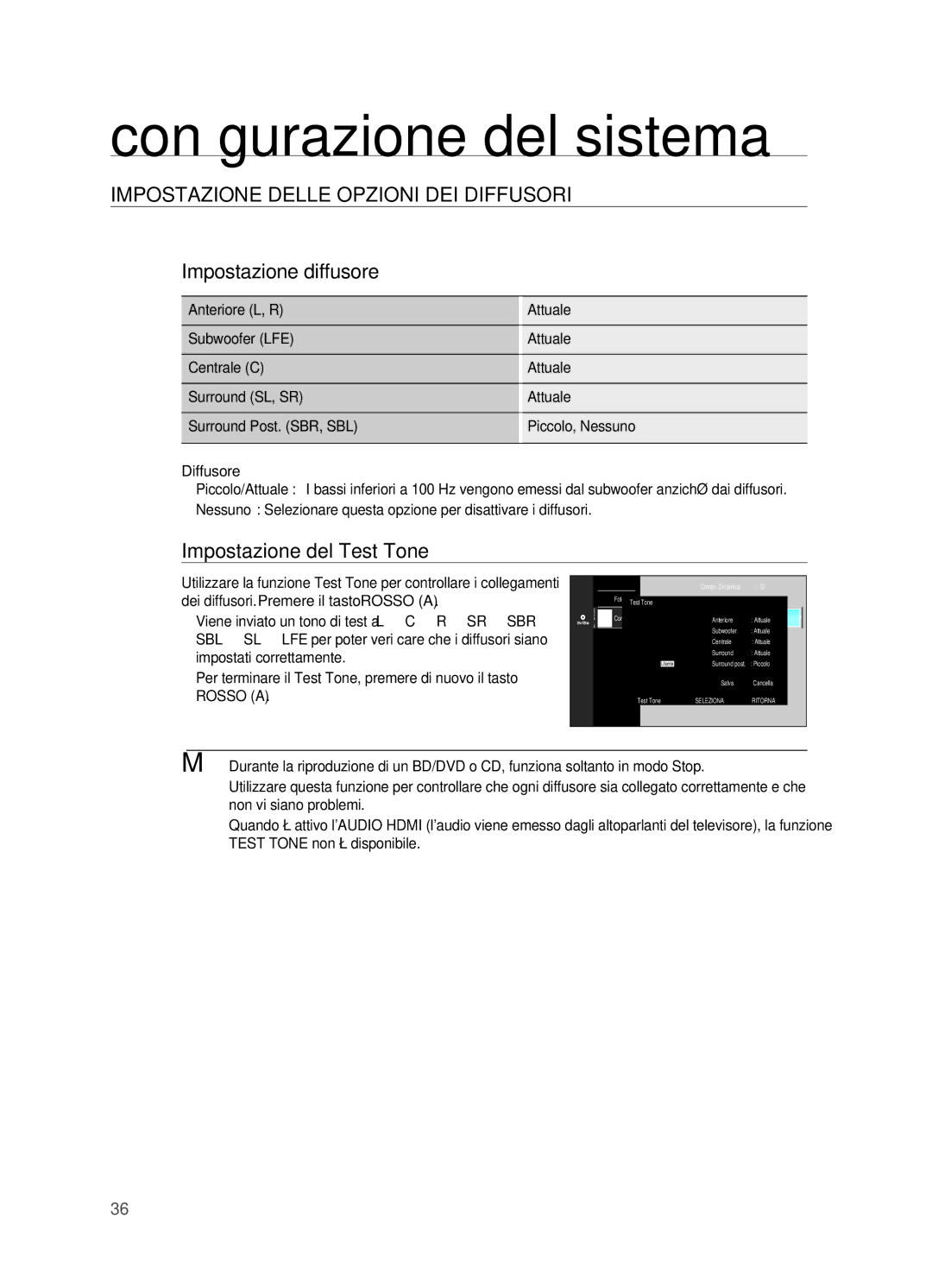 Samsung HT-BD2R/XET, HT-BD2R/XEF manual Impostazione del Test Tone 