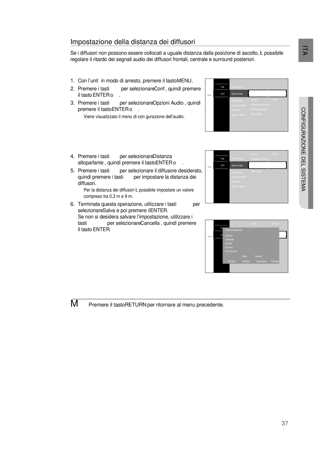 Samsung HT-BD2R/XEF, HT-BD2R/XET manual Impostazione della distanza dei diffusori 