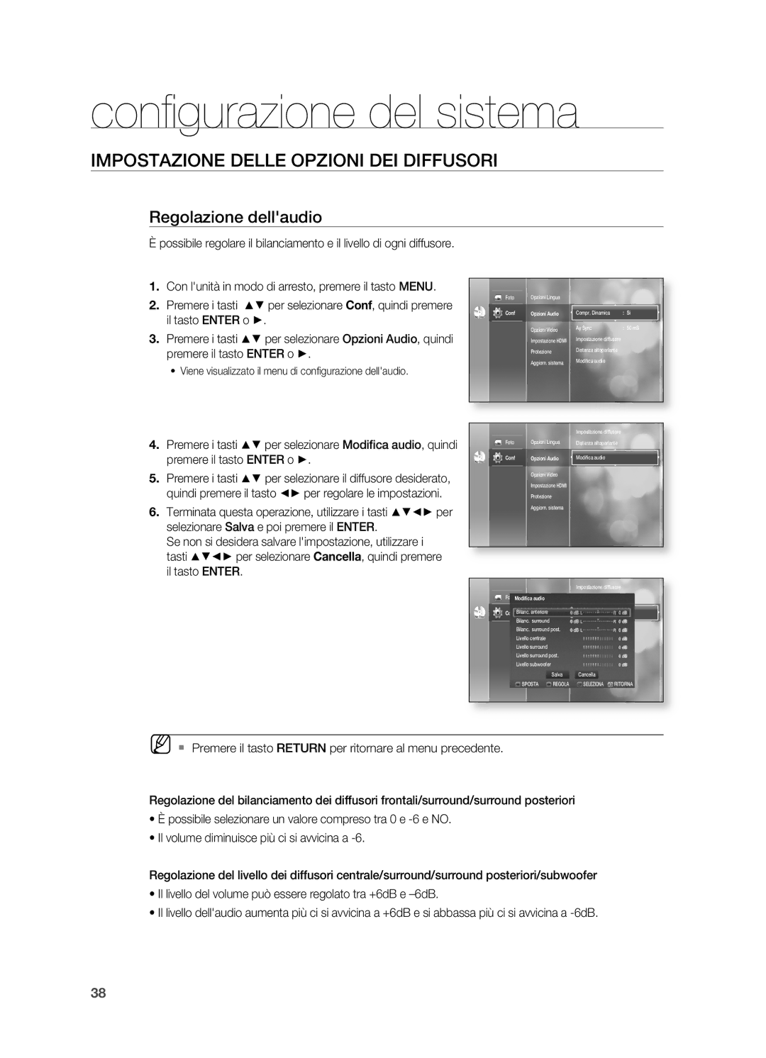 Samsung HT-BD2R/XET, HT-BD2R/XEF manual Regolazione dellaudio, Sposta Regola 