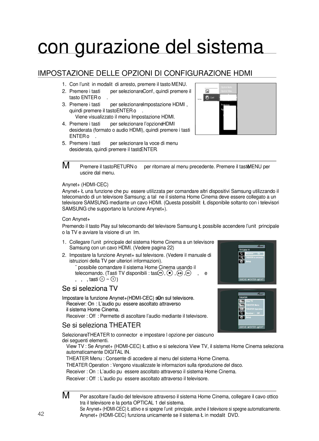 Samsung HT-BD2R/XET manual IMPOSTAzIONE Delle OPzIONI DI CONFIGURAzIONE Hdmi, Se si seleziona TV, Se si seleziona Theater 