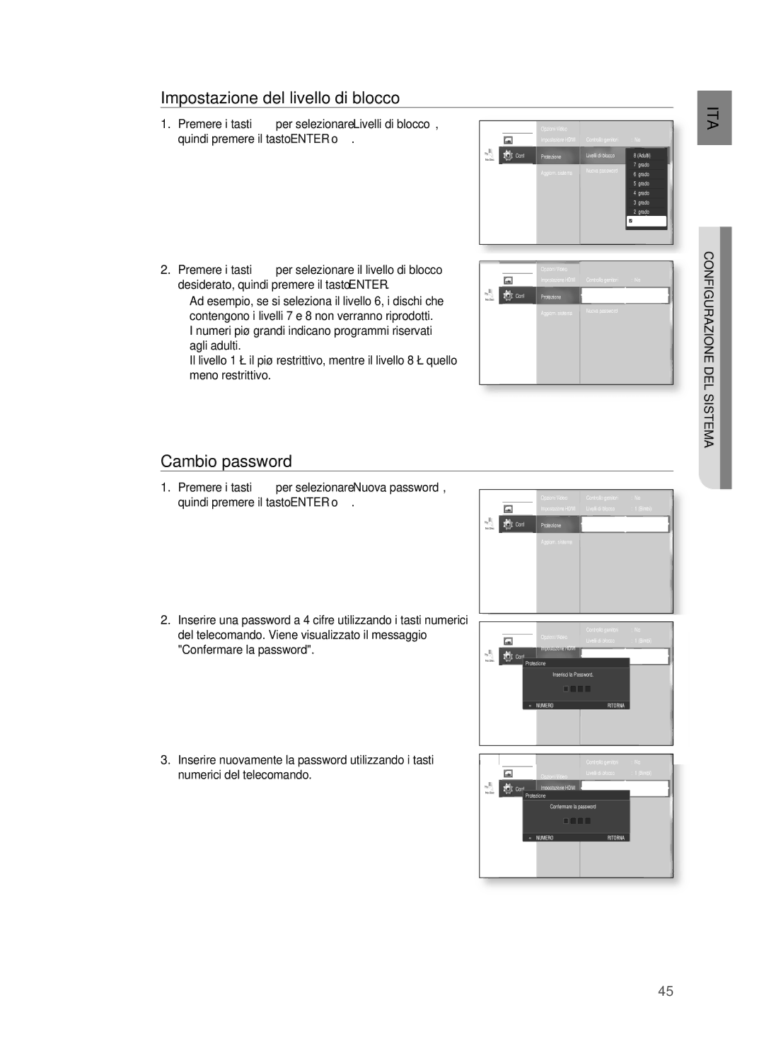 Samsung HT-BD2R/XEF, HT-BD2R/XET manual Impostazione del livello di blocco, Cambio password 