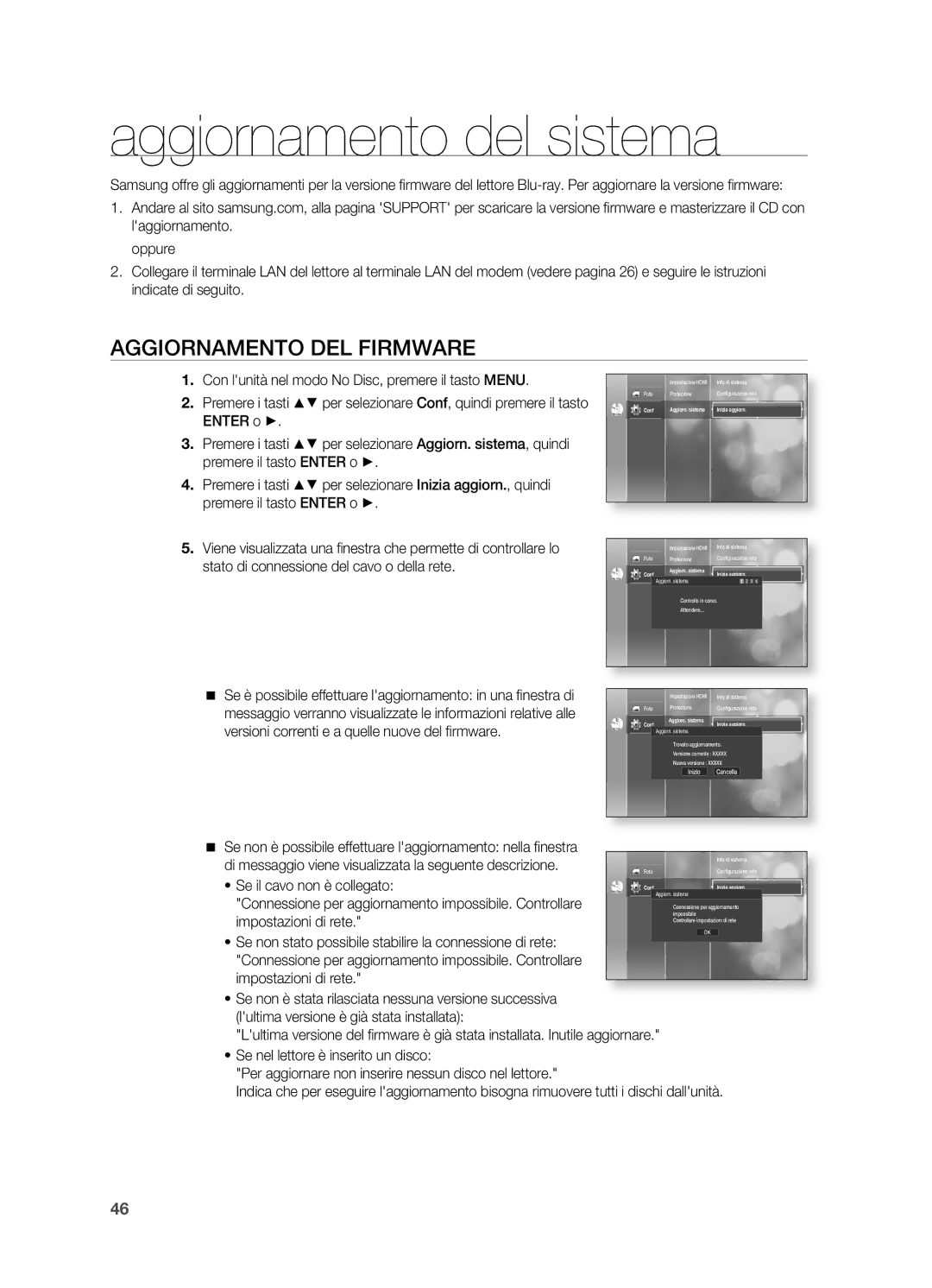 Samsung HT-BD2R/XET, HT-BD2R/XEF manual Aggiornamento del sistema, Aggiornamento DEL Firmware, Se il cavo non è collegato 